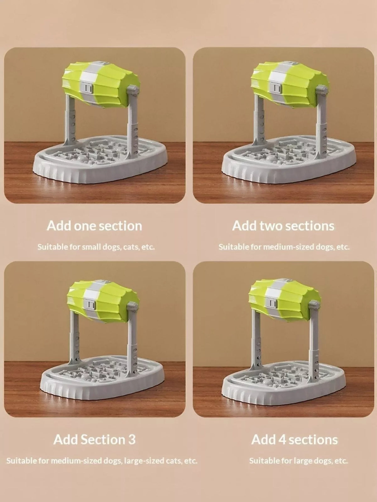 Four adjustable stand-height arrangements for the green Style 1 rotating pet treat dispenser.