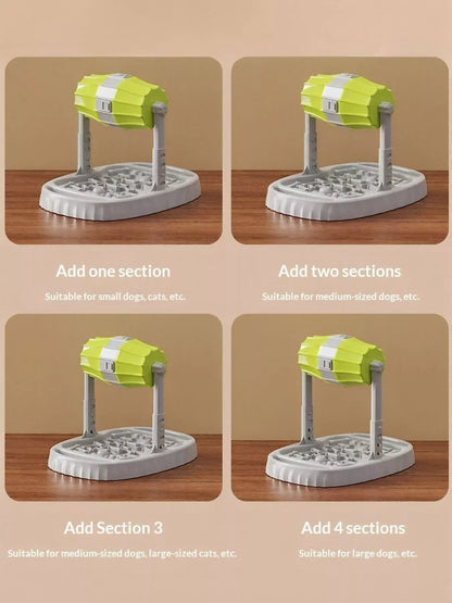 Four adjustable stand-height arrangements for the green Style 1 rotating pet treat dispenser.