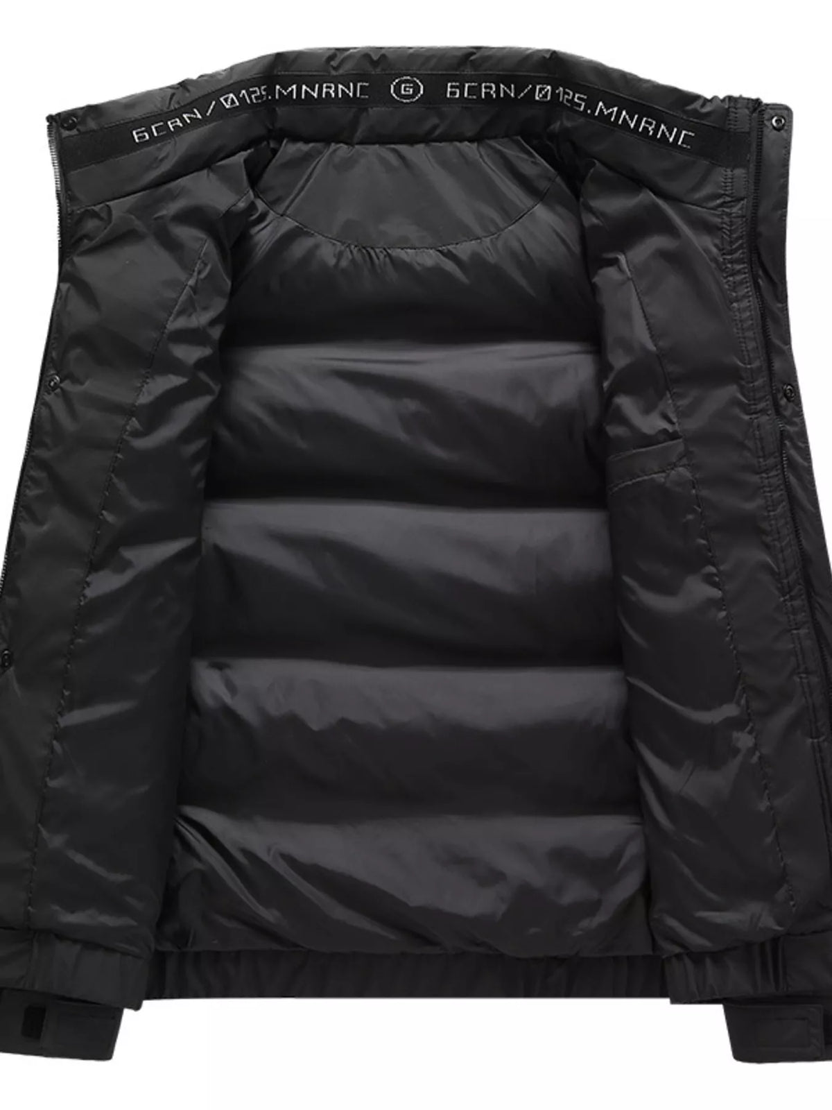 Interior view of the black puffer jacket showing the lining and inside collar.