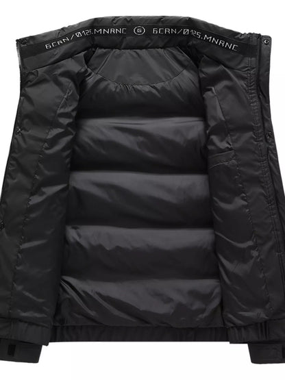 Interior view of the black puffer jacket showing the lining and inside collar.