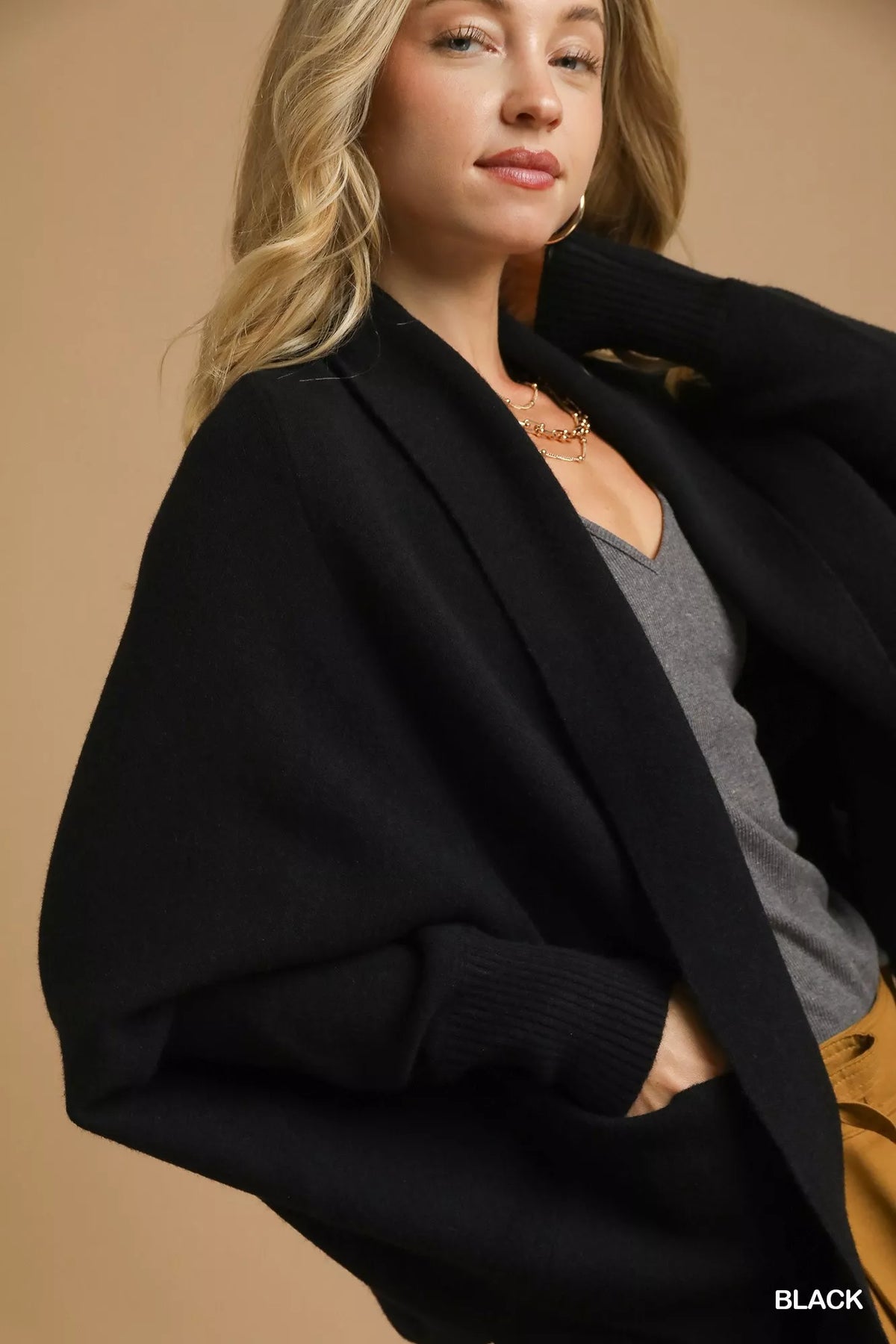 Close view of the black Umgee cardigan's shawl collar and front pocket.