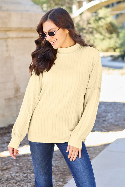 Basic Bae ribbed mock-neck long-sleeve knit top in Light Yellow, front view; top only.