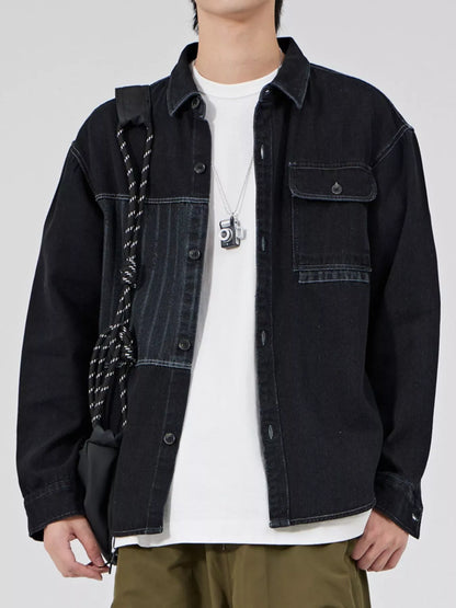 Black men's button-up denim shirt, front view with styling accessories