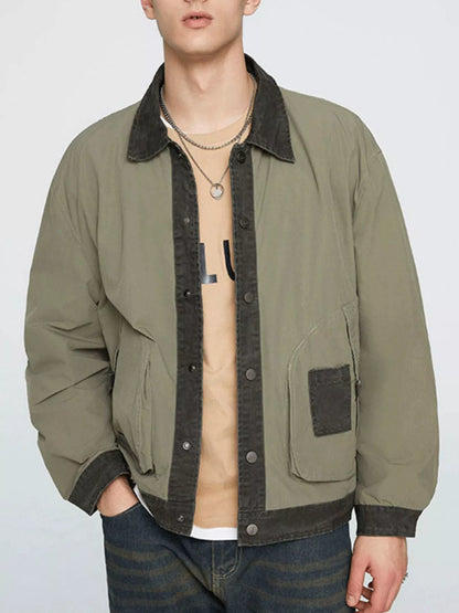Men's olive green jacket, front view showing patch pockets and contrast hem