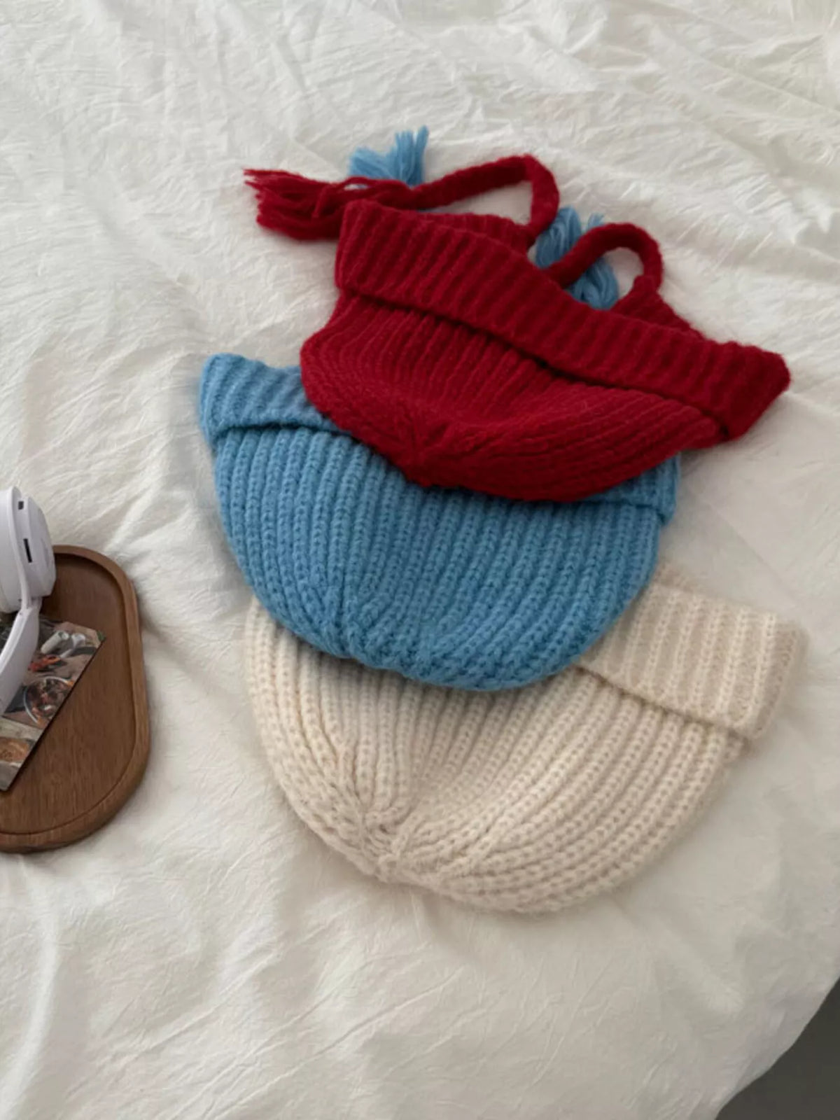 Red, Blue and Off-white braided beanies; colour options sold individually