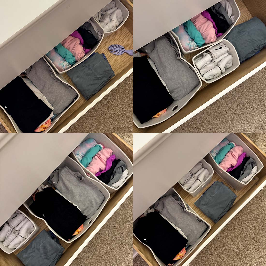 Supplier collage showing felt organizers arranged inside drawers; contents and furniture not included.