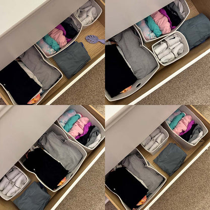 Supplier collage showing felt organizers arranged inside drawers; contents and furniture not included.