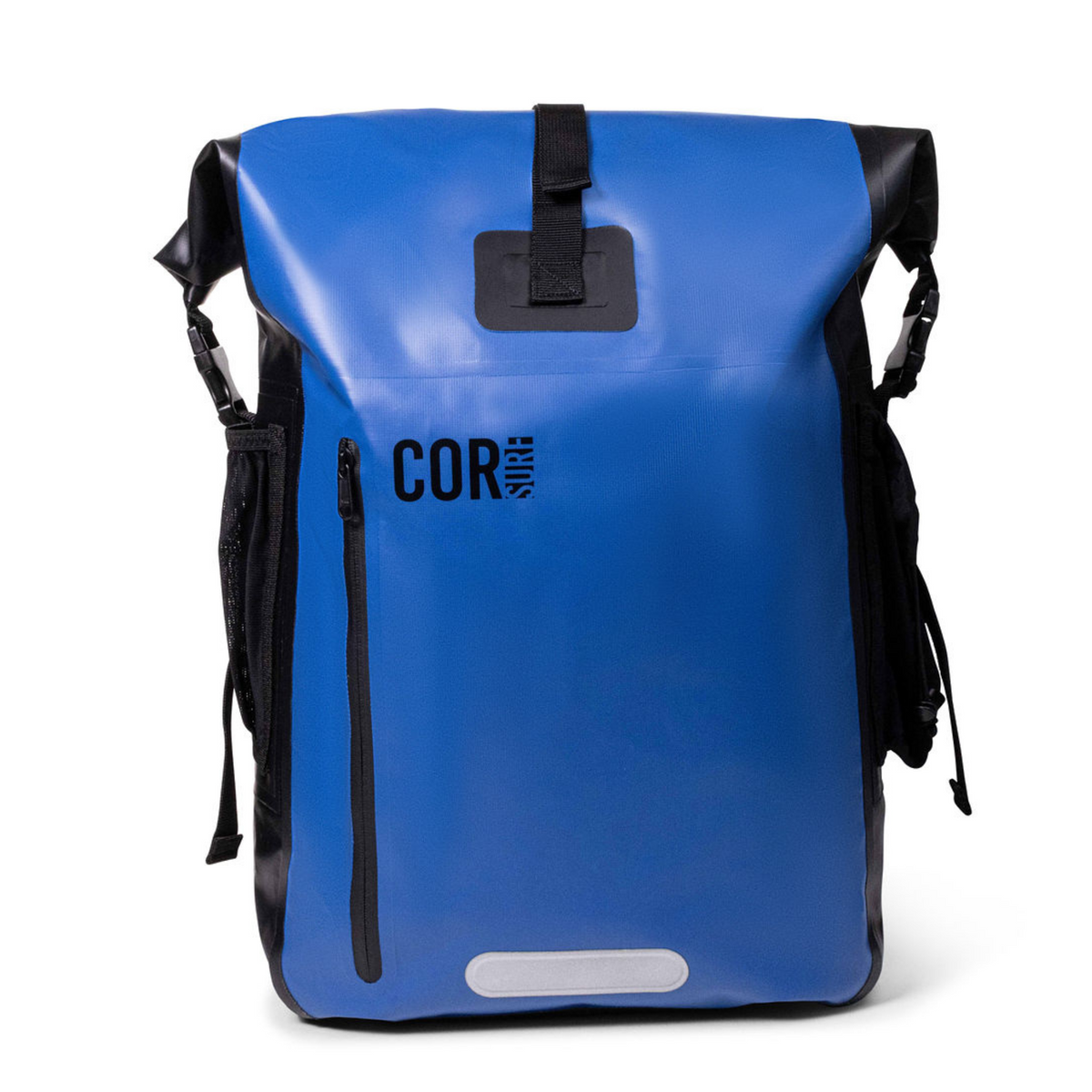 Dark Blue COR Surf 40L roll-top backpack, front view.
