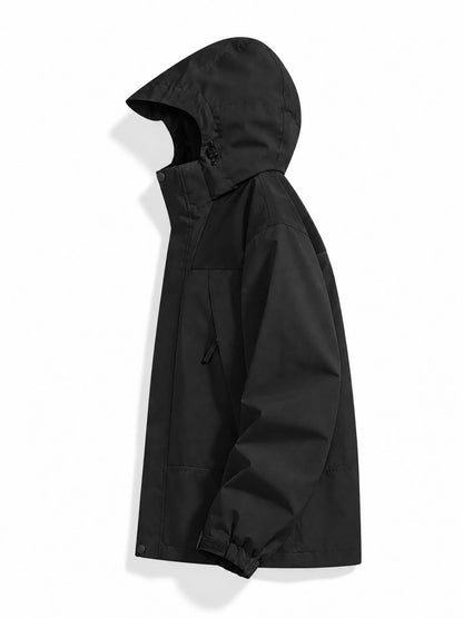 Black hooded windbreaker, side view.