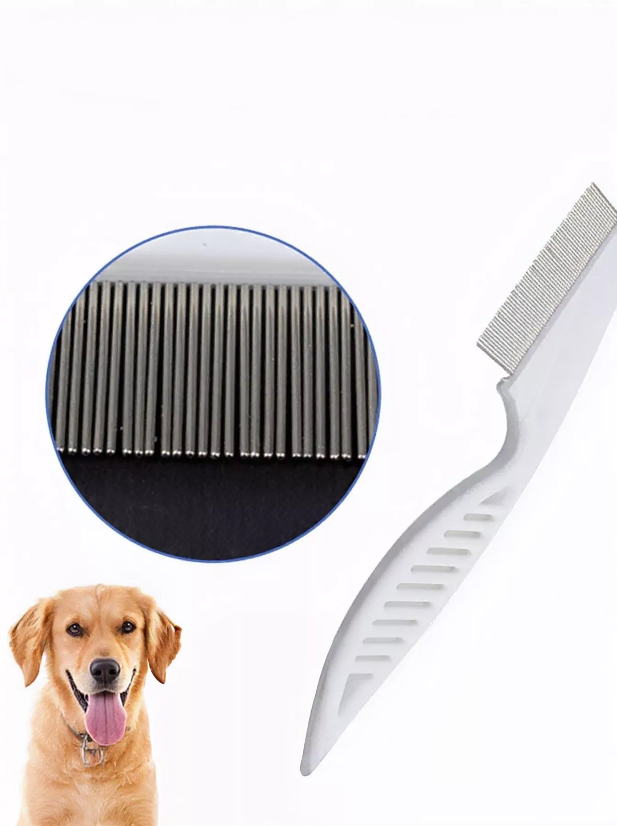 White fine-tooth pet comb with an enlarged view of its teeth and a dog.