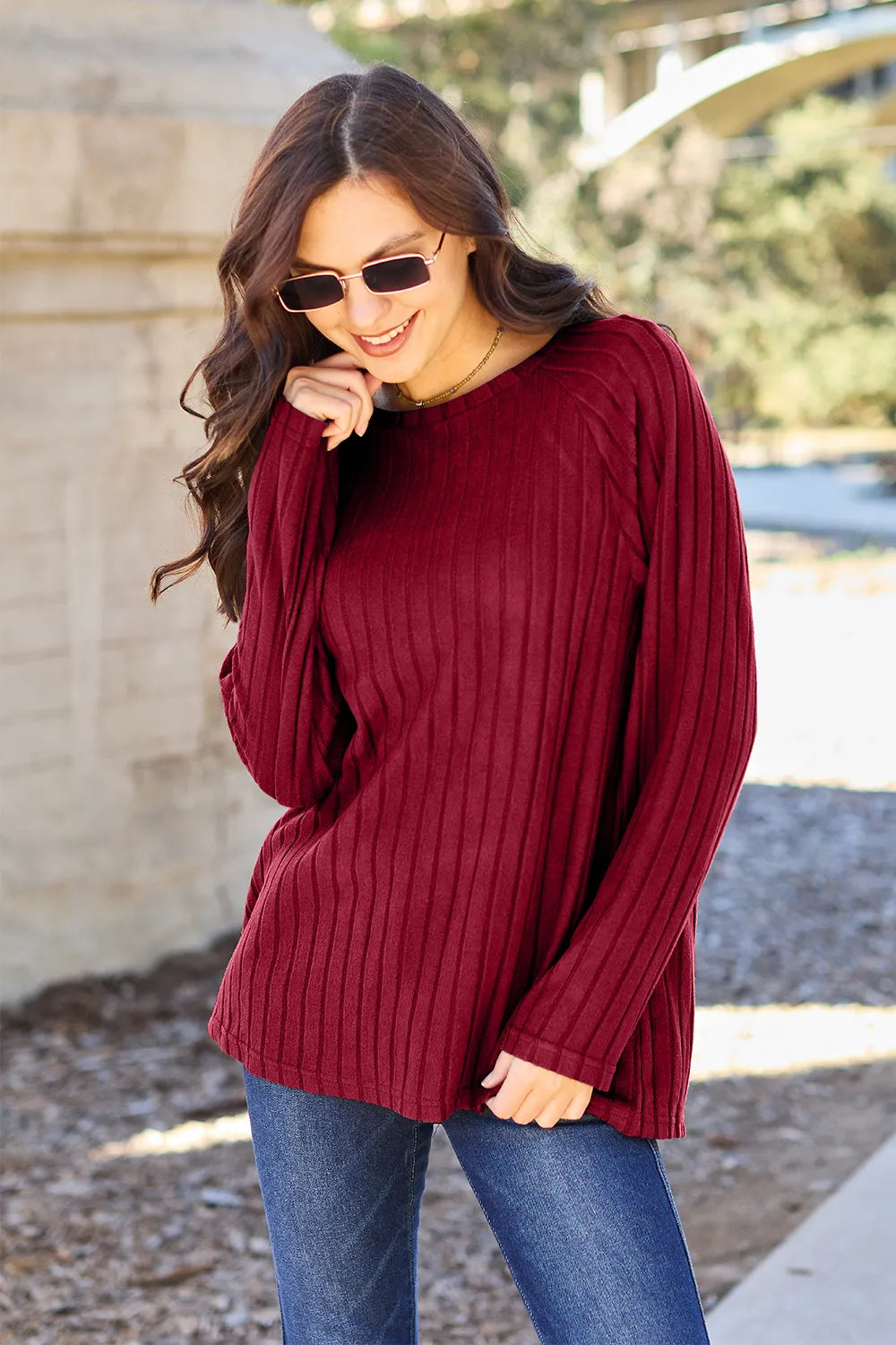 Basic Bae opaque ribbed long-sleeve knit top in Scarlet, front view