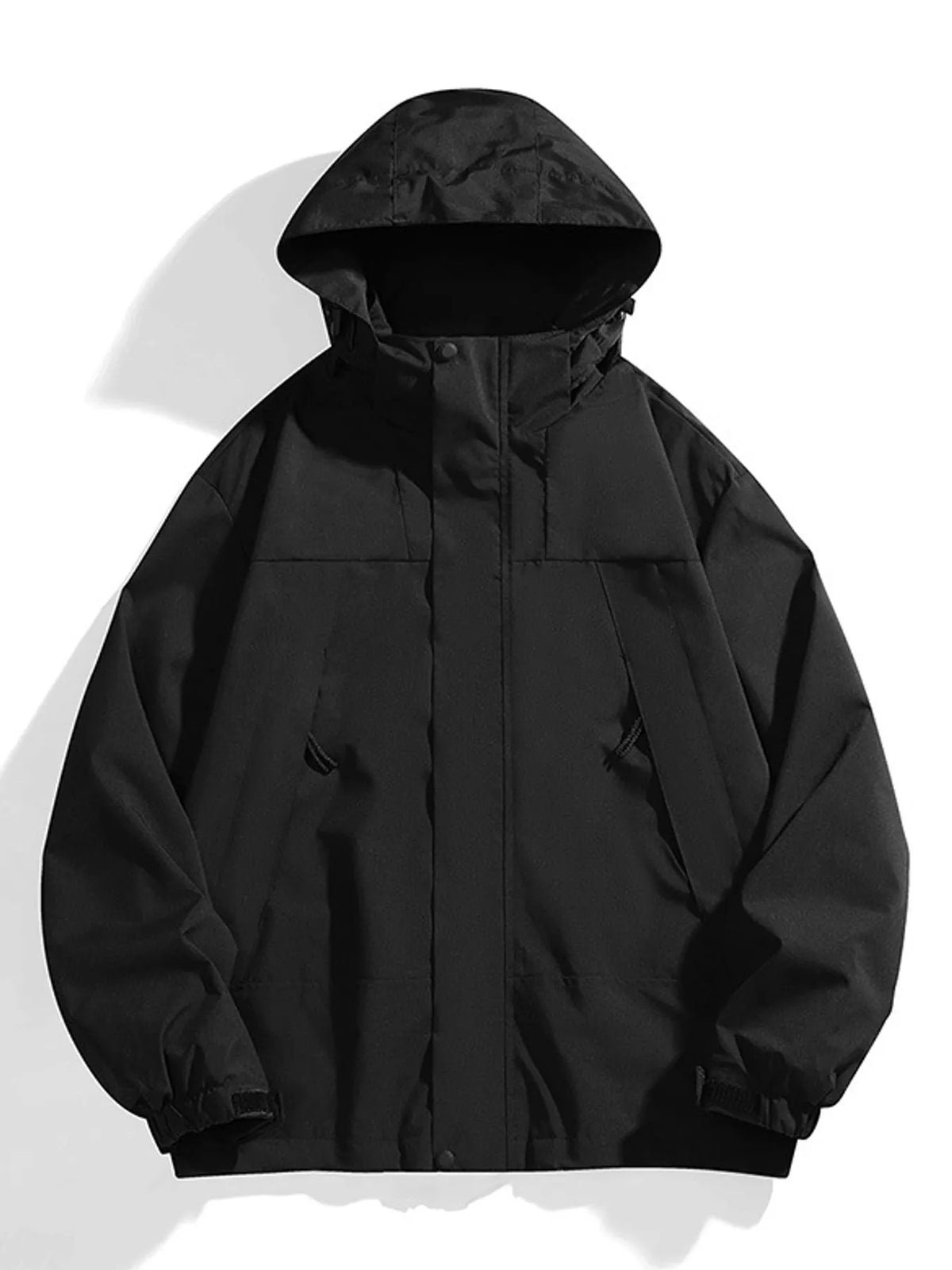 Black hooded windbreaker, front view with full zip and front cover.