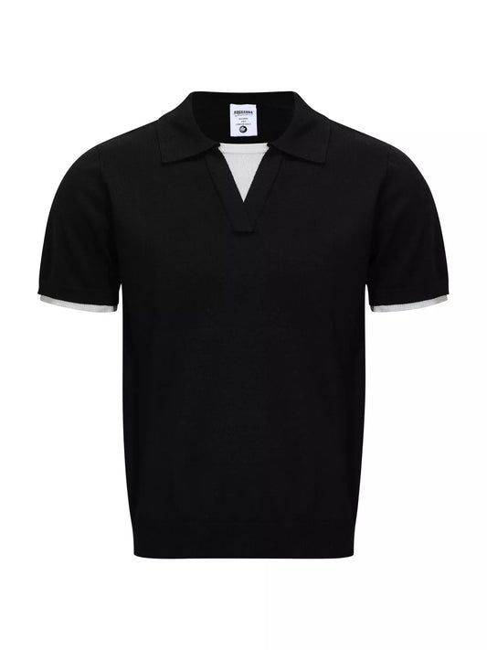 Black short-sleeve polo with open V-neck collar, front view