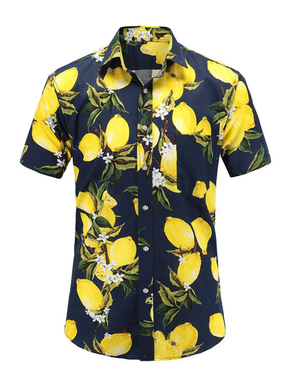Lemon-print short-sleeve button-front shirt with a collar and chest pocket, front view.