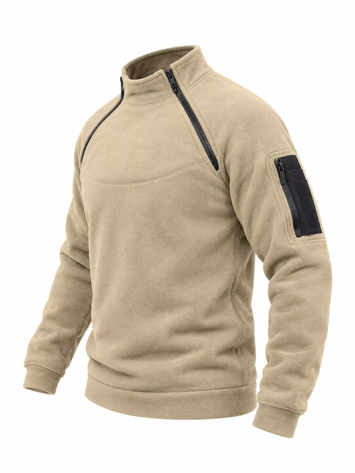 Tan men's fleece sweatshirt with stand collar, two angled neckline zips and a zippered sleeve pocket, side product view. One sweatshirt only.