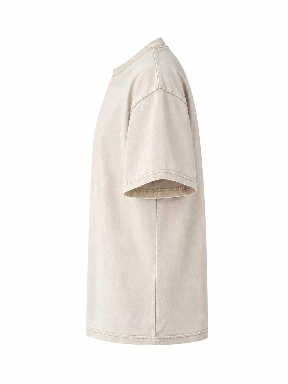 Apricot-Washed acid-wash oversized crewneck T-shirt, side view. One shirt only.