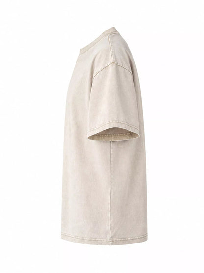 Apricot-Washed acid-wash oversized crewneck T-shirt, side view. One shirt only.