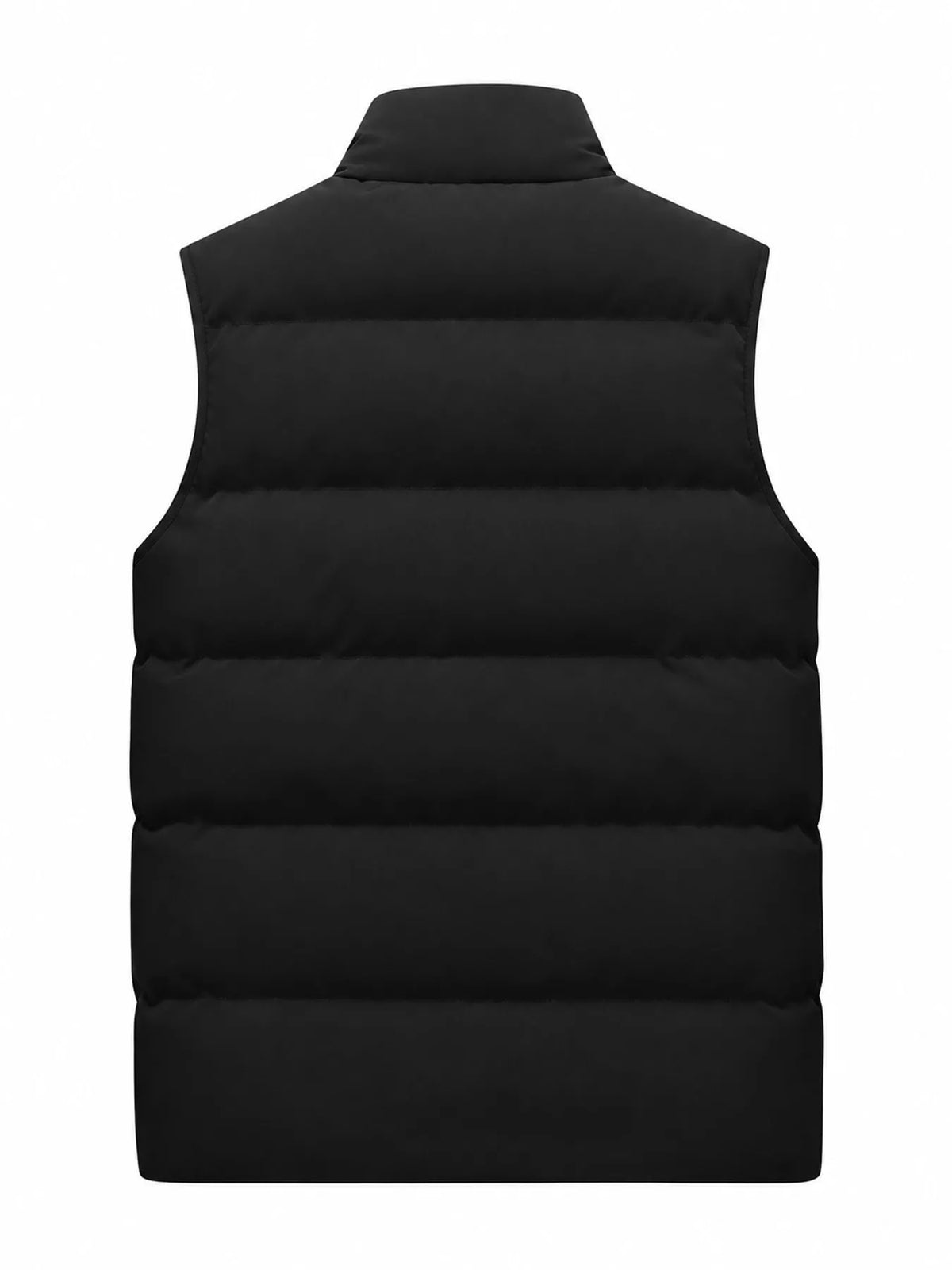 Black men's lightweight zip-up puffer vest — back view