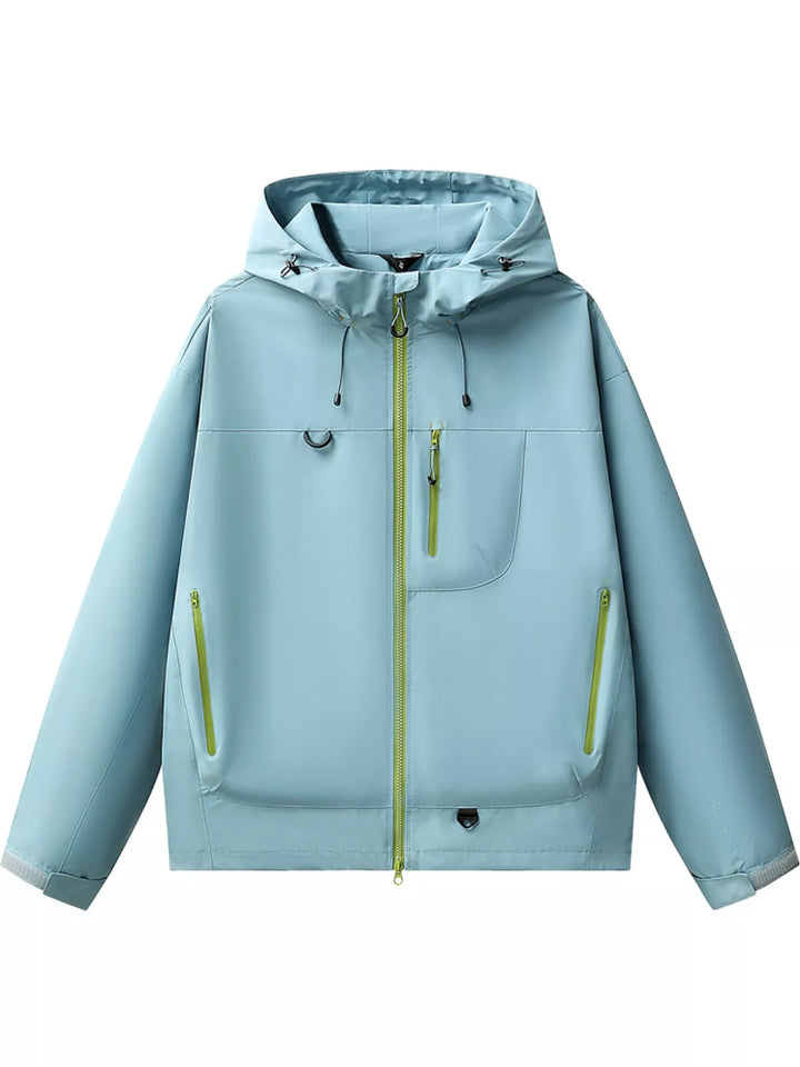 Light Blue men's hooded multi-pocket zip jacket — front view
