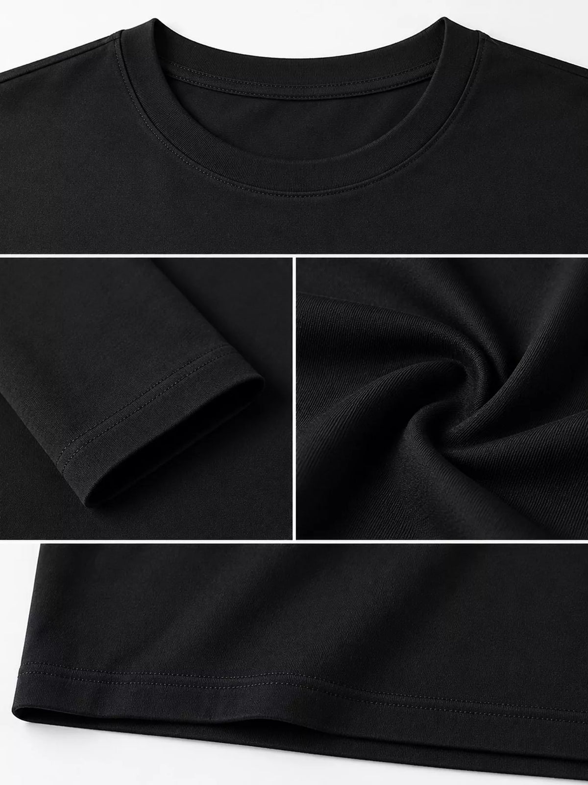 Black men's cotton long-sleeve crewneck tee, neckline, sleeve and hem details.