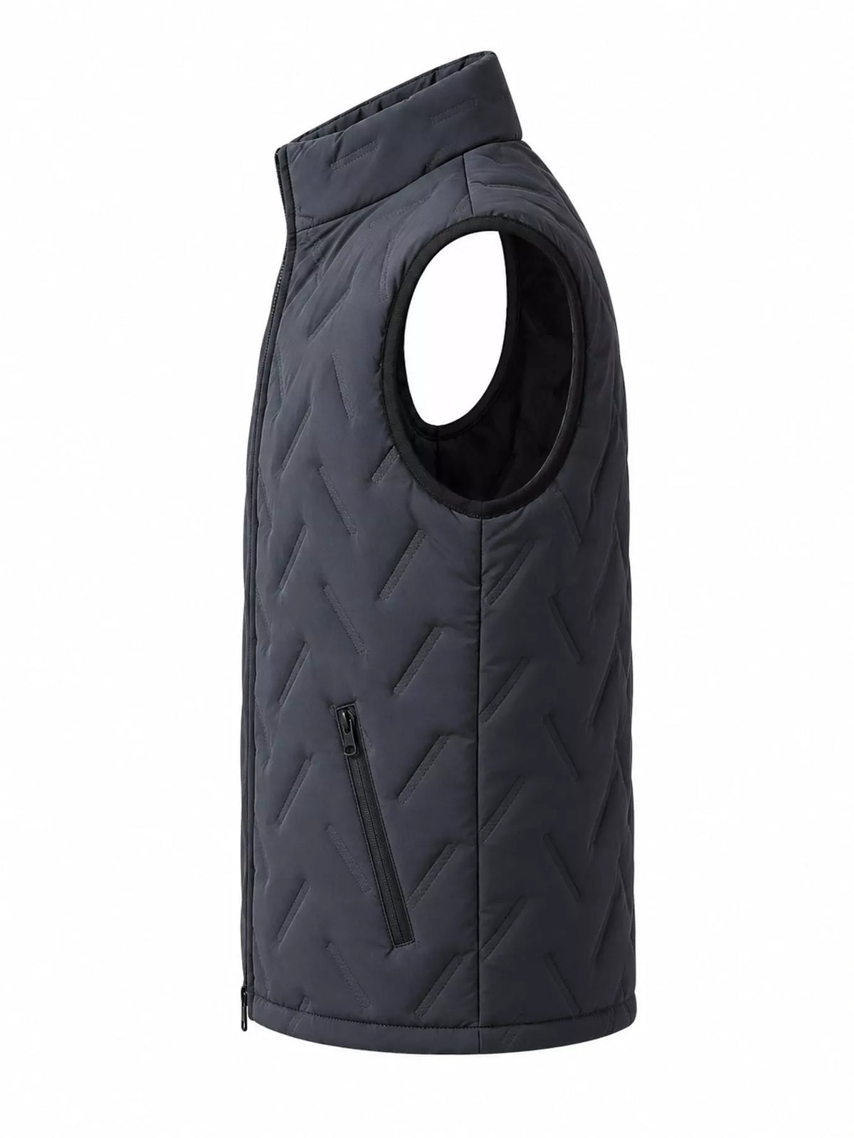 Gray stand-collar men's fleece-lined quilted vest, side view. One vest only.