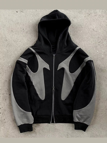 Black and gray oversized full-zip hoodie, front view