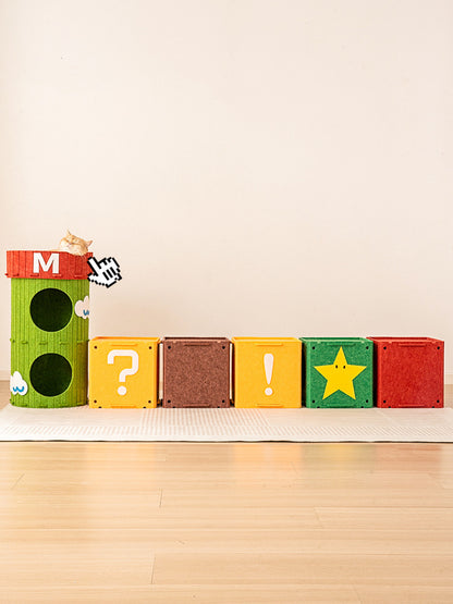 Several individually sold felt cat houses arranged in a row