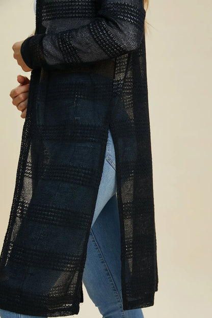 Black Double Take openwork longline cardigan — sleeve and knit detail