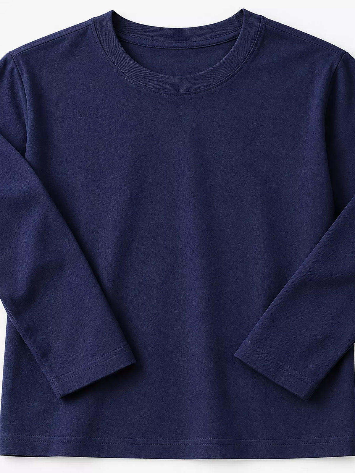 Navy men's cotton long-sleeve crewneck tee, neckline and sleeve details.