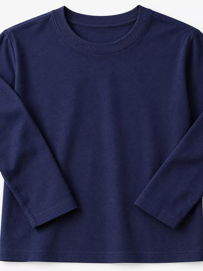 Navy men's cotton long-sleeve crewneck tee, neckline and sleeve details.