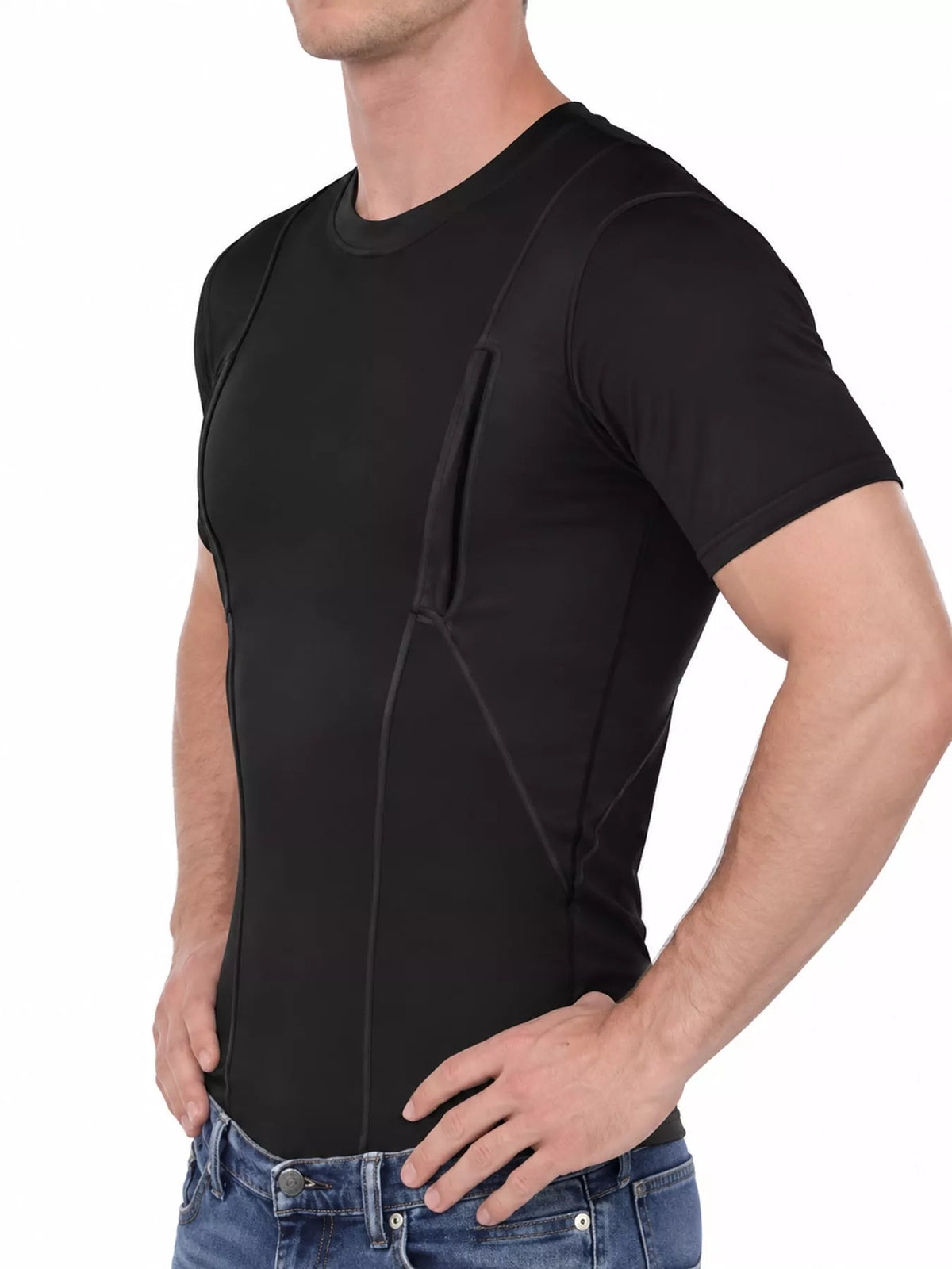 Side view of the black short-sleeve active T-shirt.
