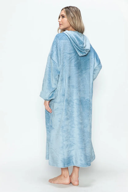 Pastel Blue hooded midi lounge dress with long sleeves and front kangaroo pocket, back view. One dress; styling accessories not included.
