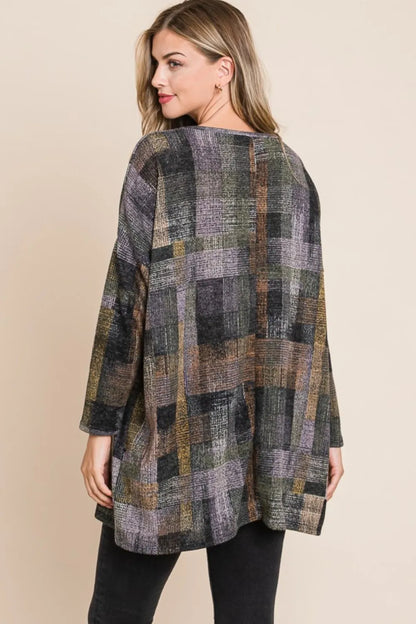 Back view of the BOMBOM plaid long-sleeve top