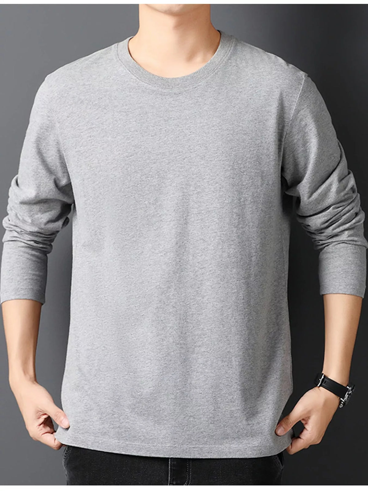 Gray men's cotton long-sleeve crewneck tee, front view.