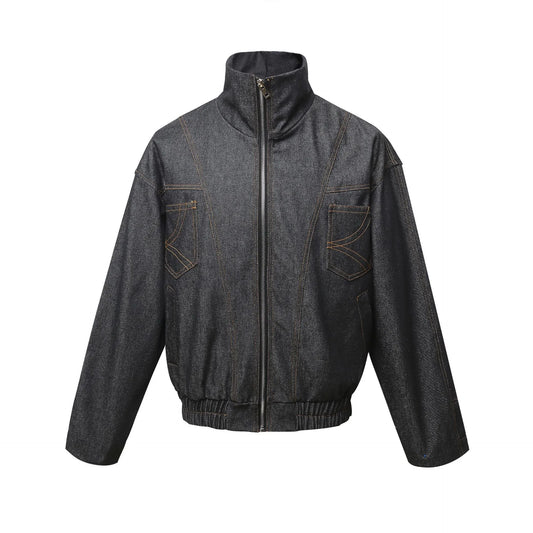 Black washed denim zip-up jacket, garment-only front view