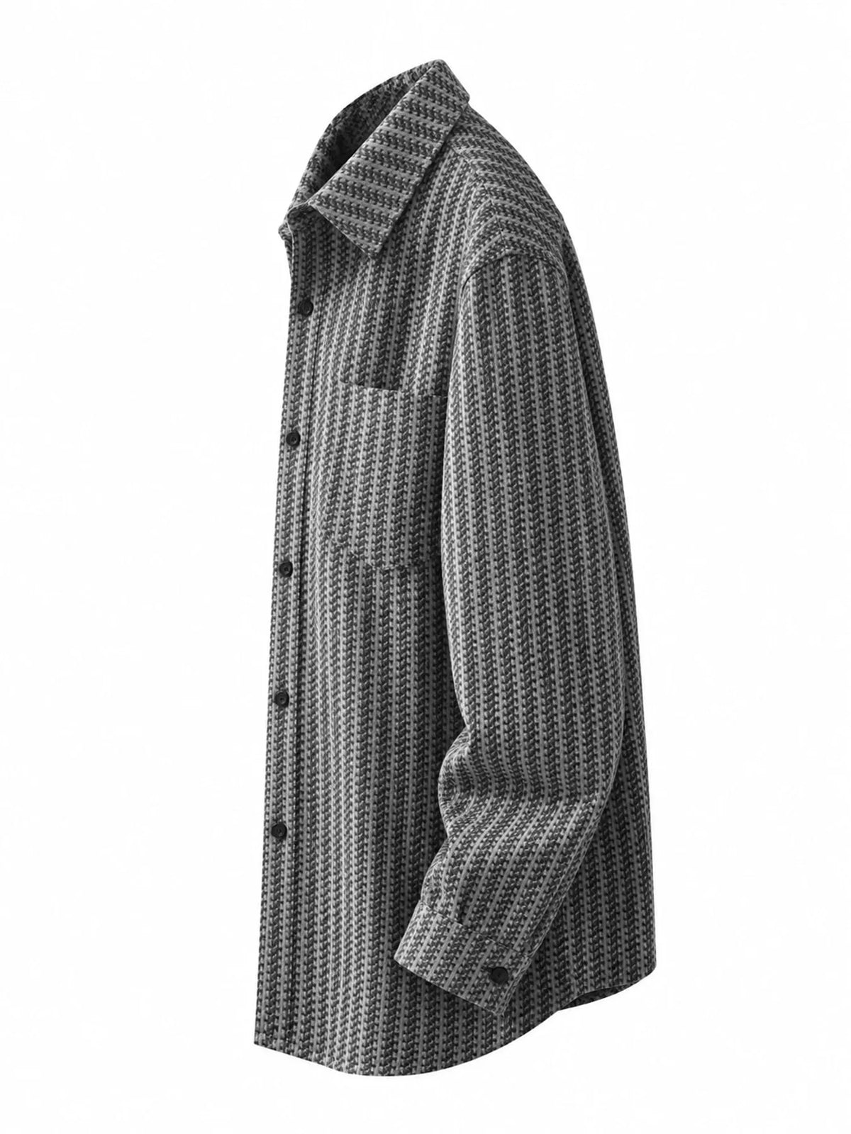 Side view of the Gray textured shacket with a buttoned cuff and curved hem.