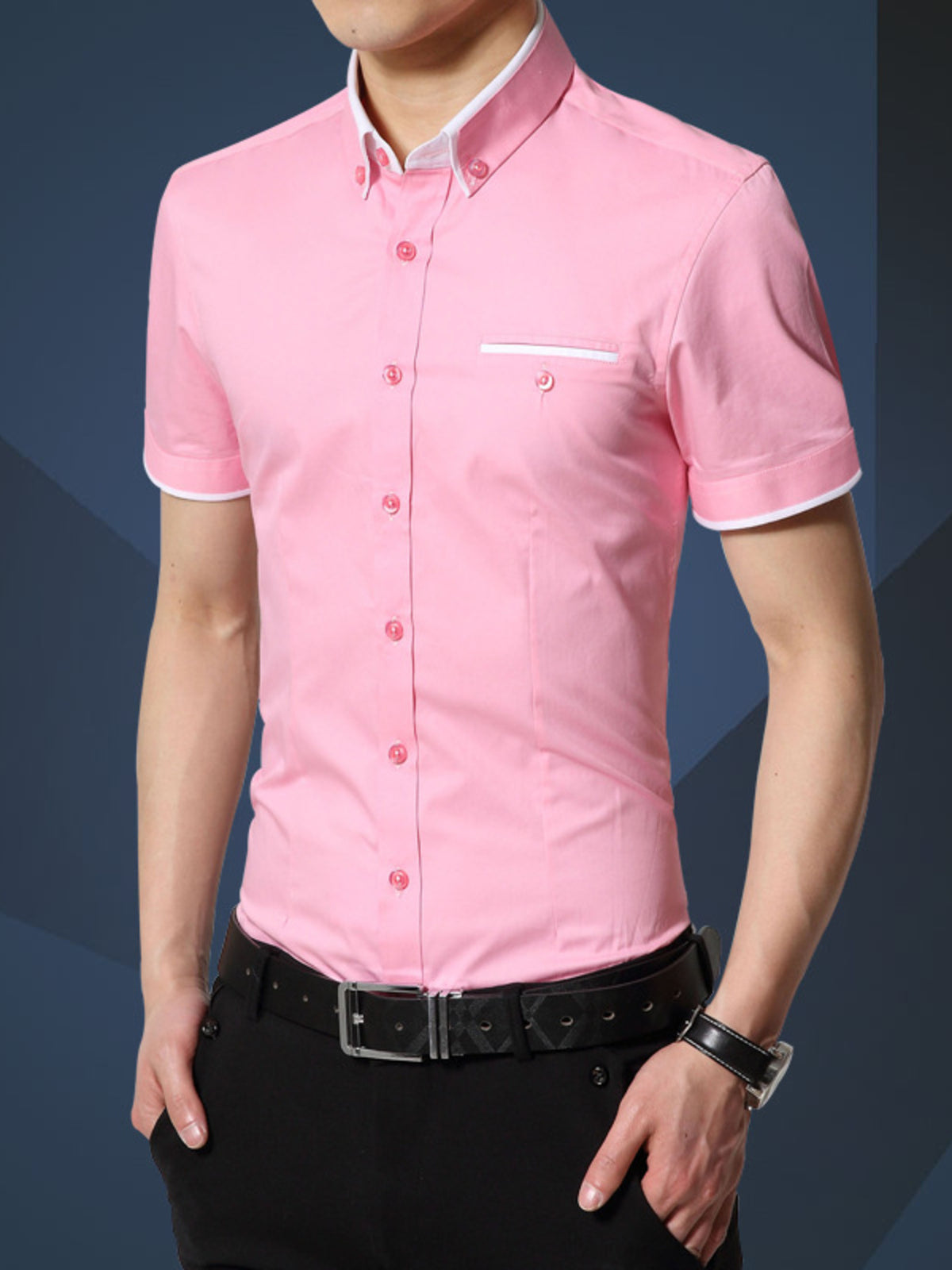 Men's Pink button-up short-sleeve shirt, front view. Shirt only; styling accessories not included.