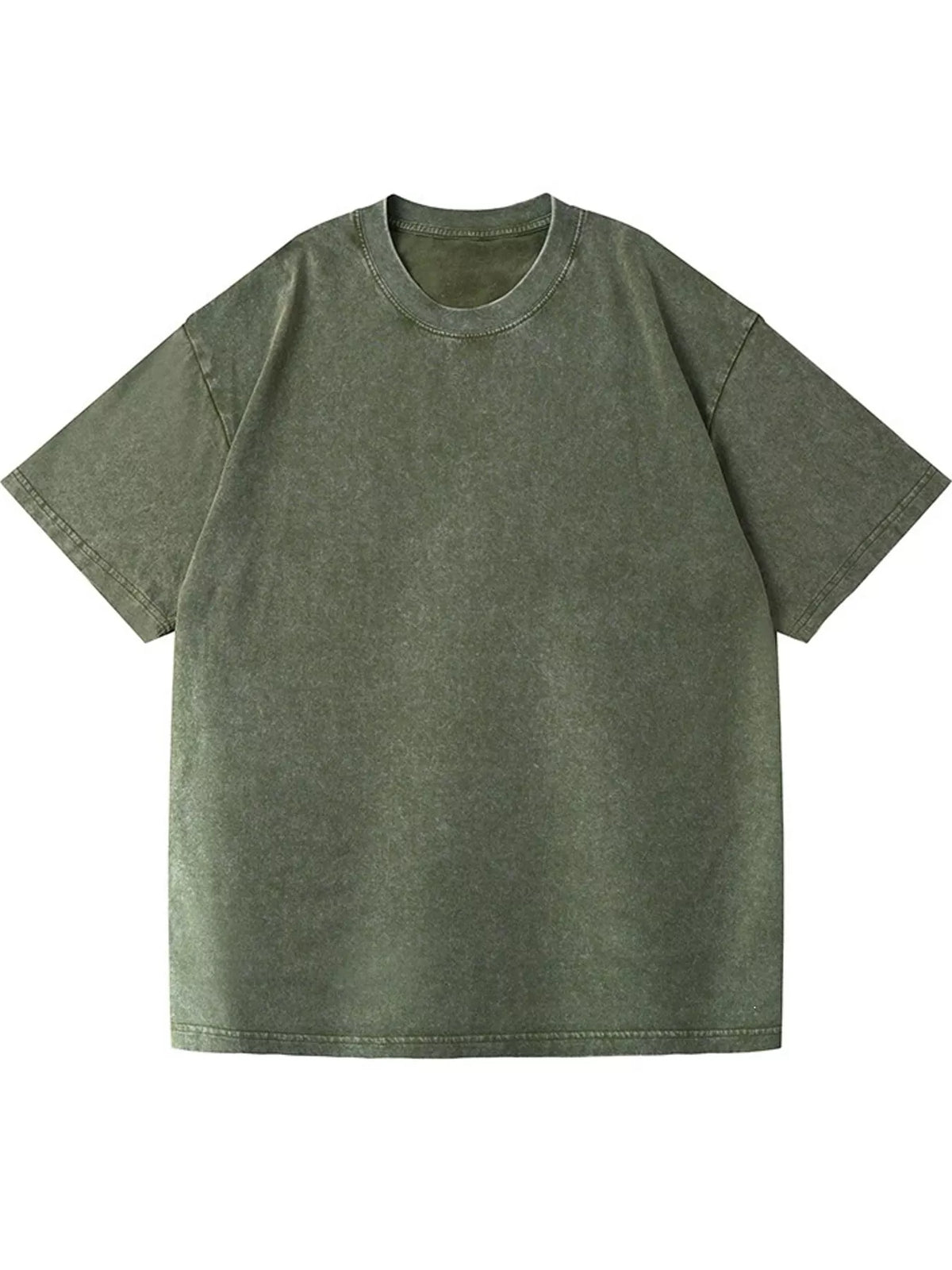 Army Green-Washed acid-wash oversized crewneck T-shirt, front view. One shirt only.