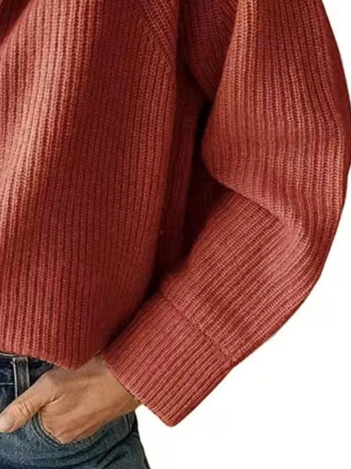 Half-zip long-sleeve ribbed sweater with a high collar.
