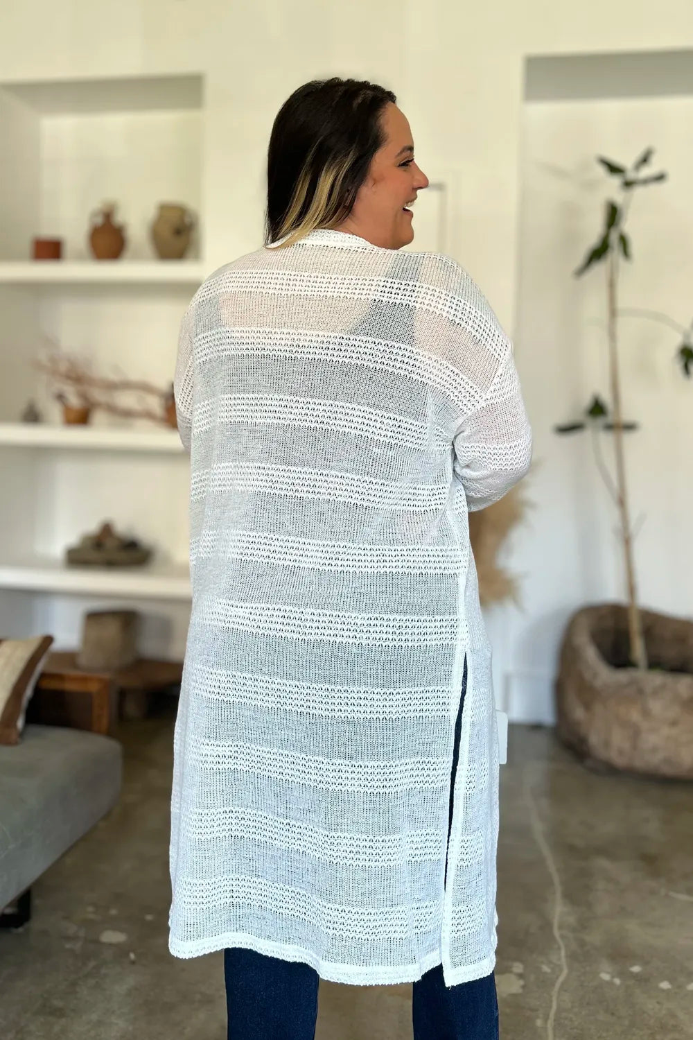 White Double Take openwork longline cardigan — back styling view