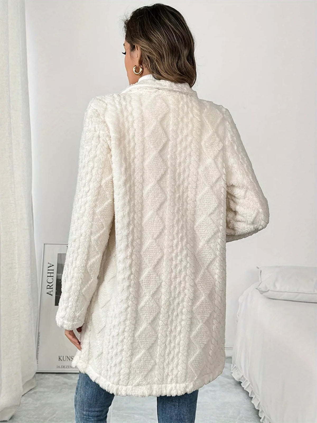 White fleece double-breasted longline coat, back view