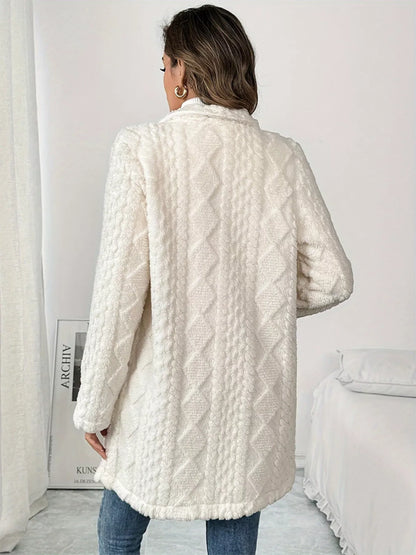 White fleece double-breasted longline coat, back view