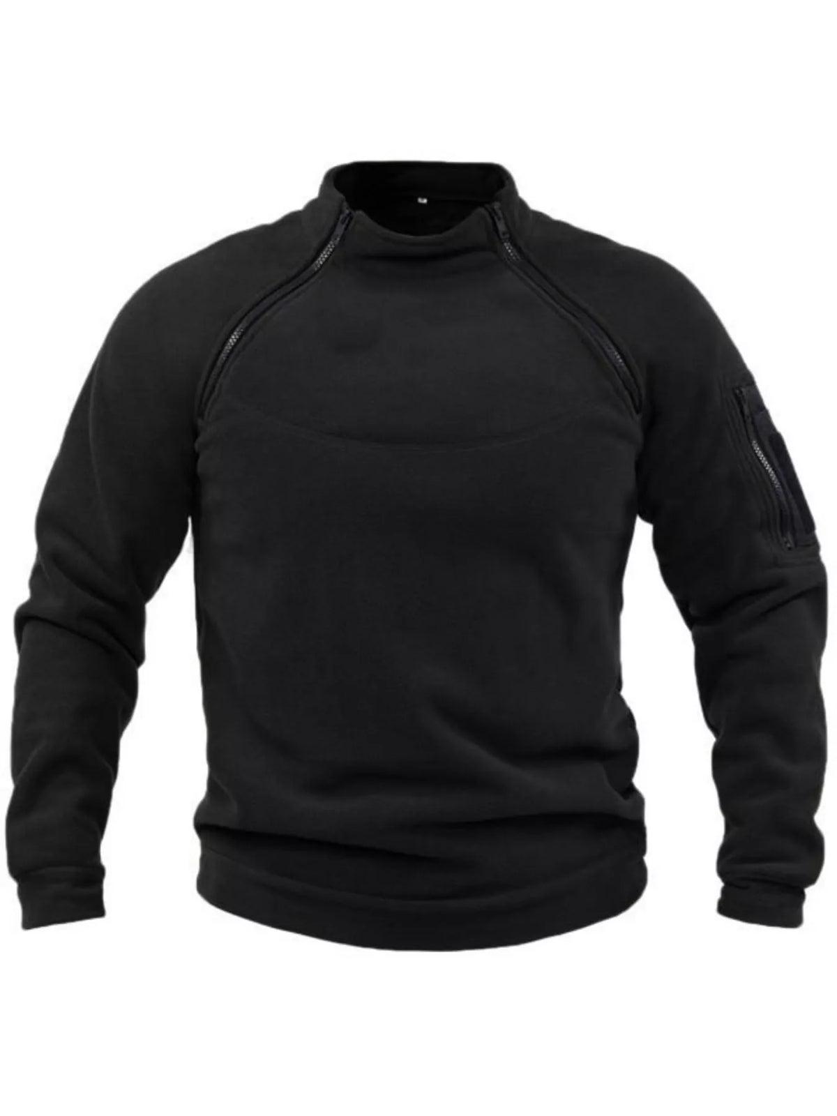 Front view of the Black fleece sweatshirt with a stand collar and angled neckline zips.