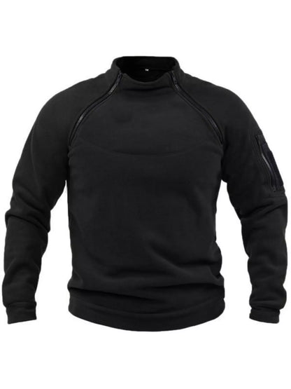 Front view of the Black fleece sweatshirt with a stand collar and angled neckline zips.