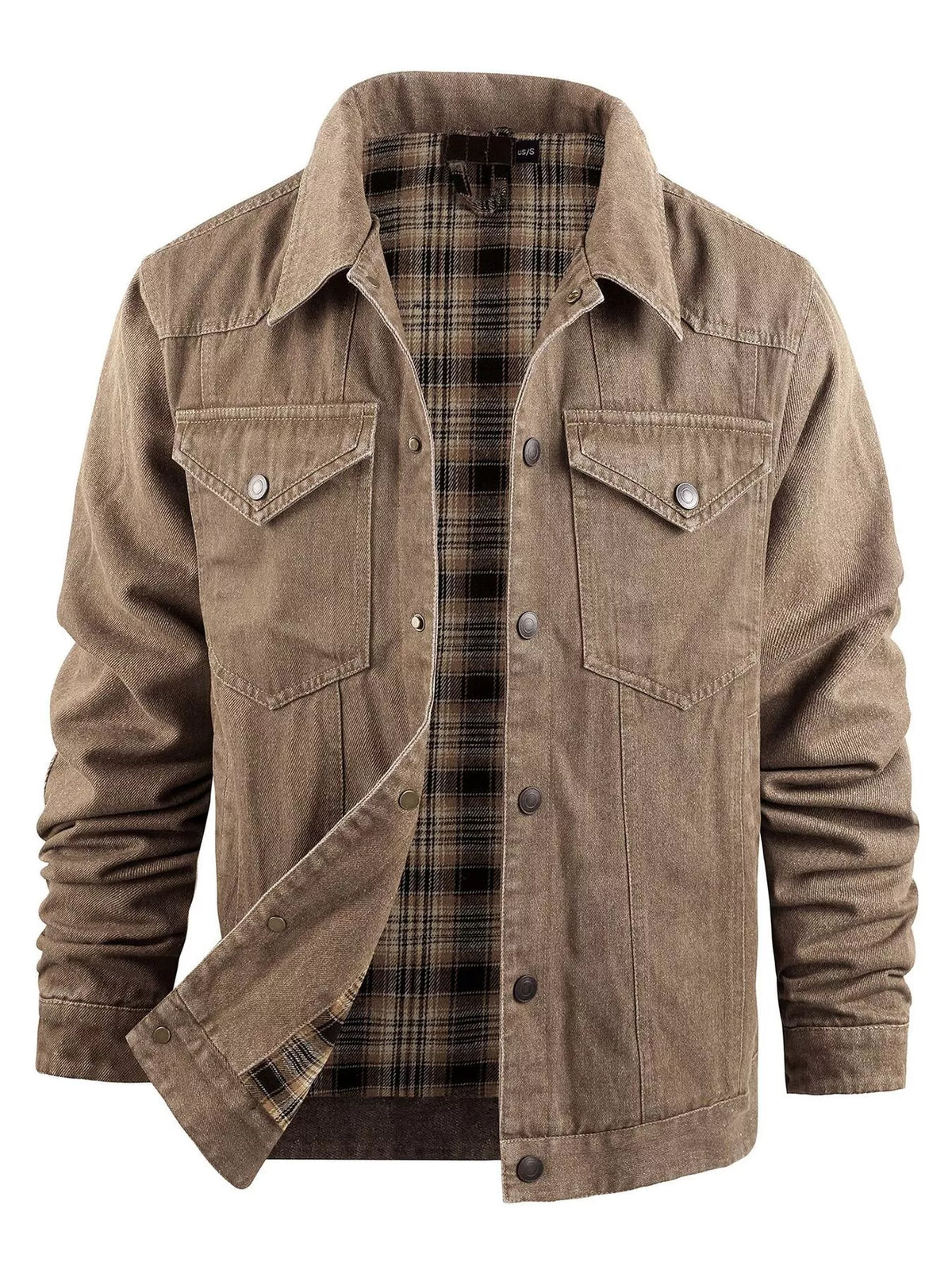 Taupe-brown snap-front jacket, open front showing plaid interior