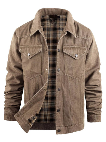 Taupe-brown snap-front jacket, open front showing plaid interior
