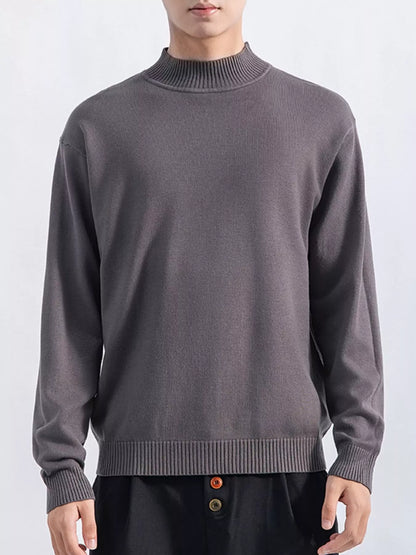 Men's Dark Gray minimalist mock-neck sweater, alternate front view. Trousers are styling items and are not included.
