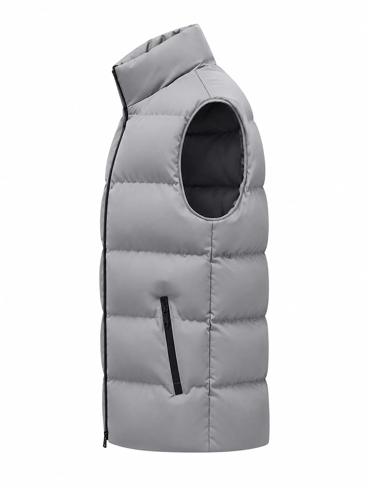 Gray men's lightweight zip-up puffer vest — side view