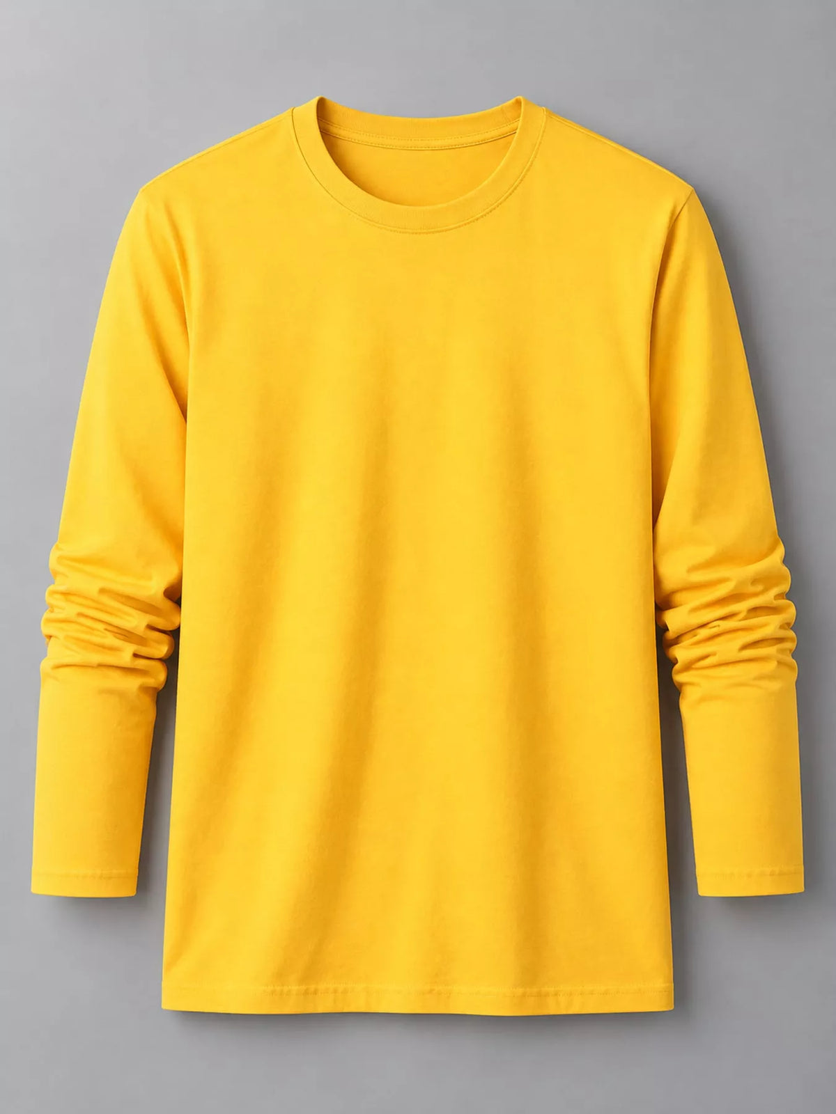 Gold men's cotton long-sleeve crewneck tee, laid flat.