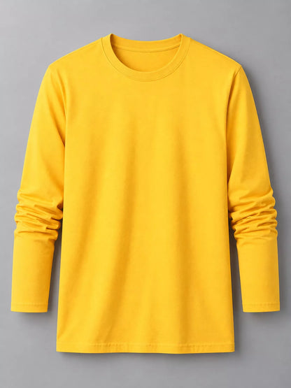 Gold men's cotton long-sleeve crewneck tee, laid flat.